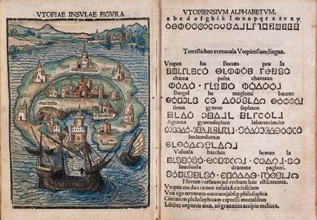 Doppelseite aus der Erstausgabe der „Utopia“  von Thomas Morus (Libellus vere aureus nec minus salutaris quam festivus de optimo reip statu, deq noua Insula Vtopia. Löwen 1516, f. 1 ro et 2 vo. The New York Public Library)